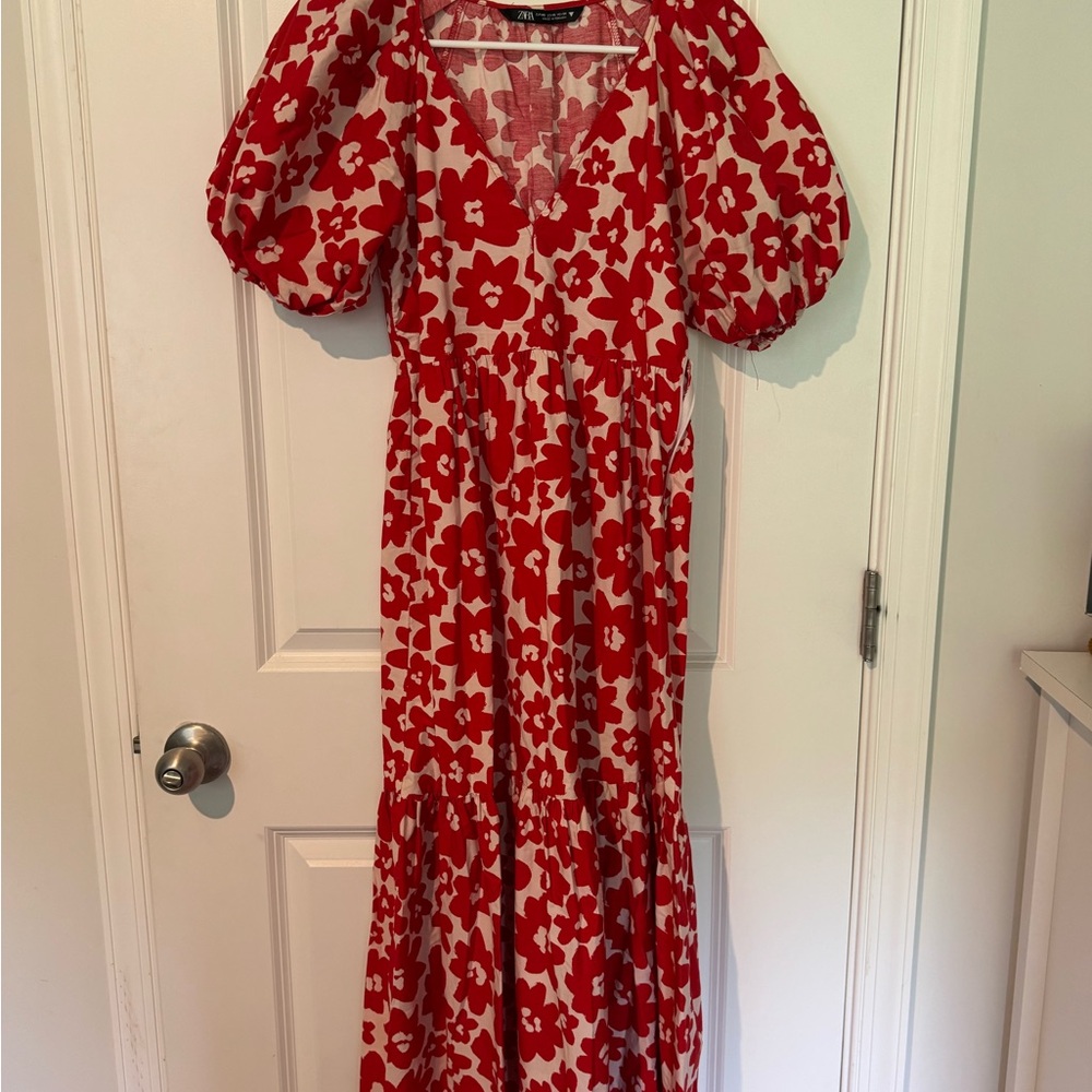 Zara Red and White Puff Sleeve Maxi Dress